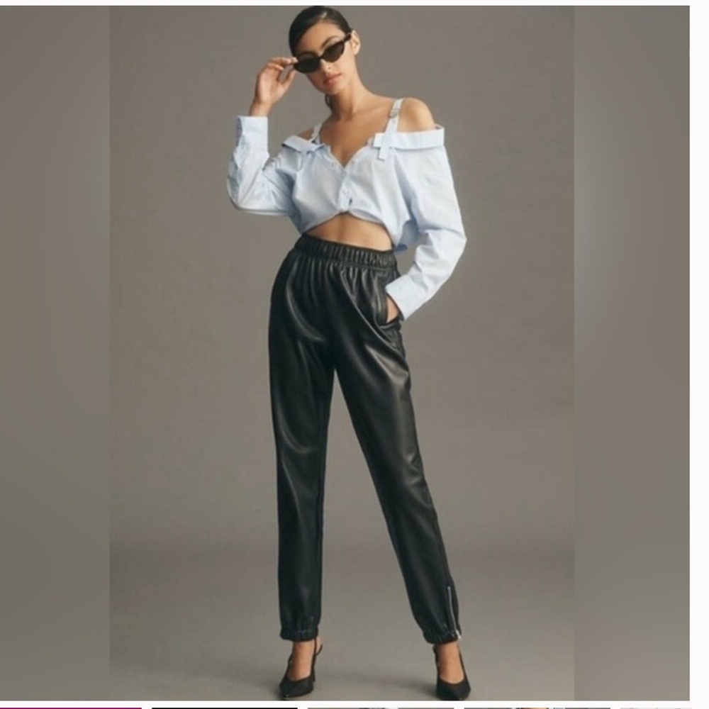 Avec Les Filles Black Faux Leather Jogger Track Pants